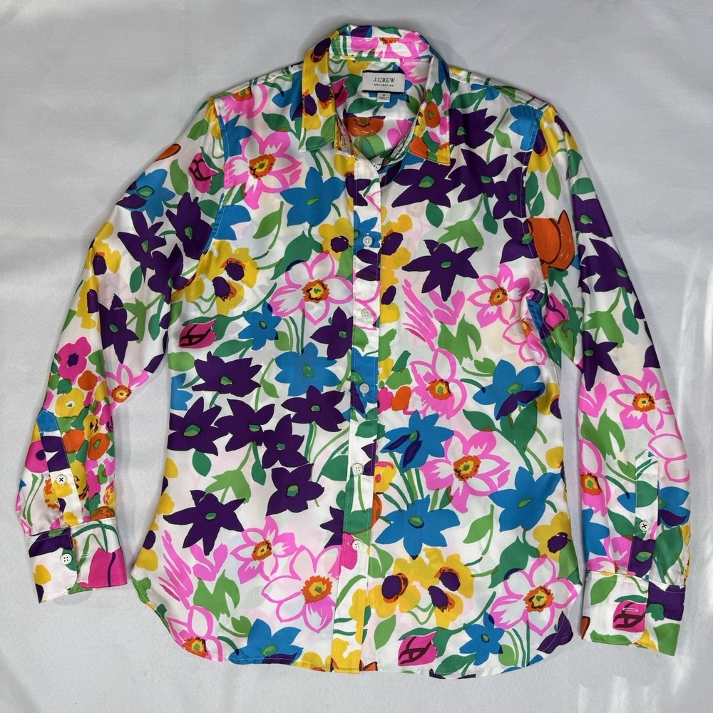 J.Crew Collection 6 Women Spring Silk Floral Button Down Shirt Bold Vibrant Fun - Picture 2 of 10